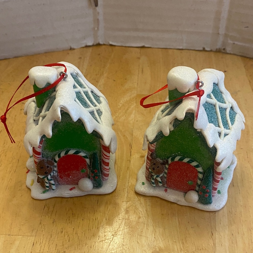 Festive Gingerbread House Ornaments set of 2 About 2.5 in tall